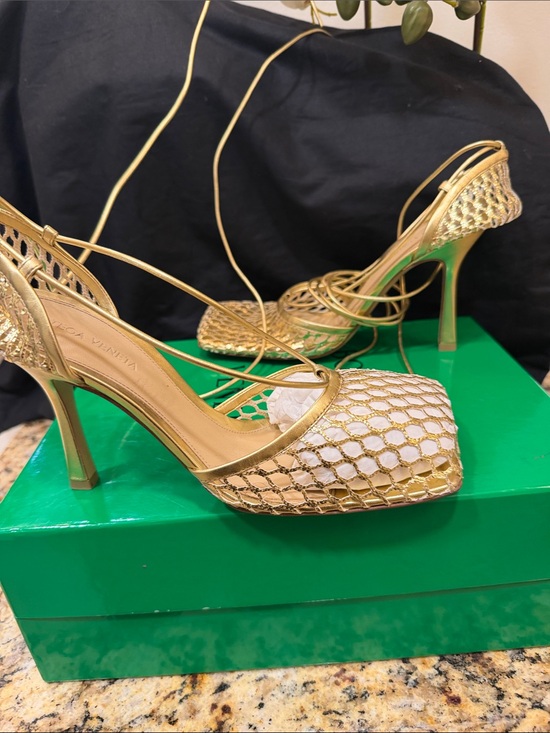 Bottega Veneta Shoes - Bottega Veneta Gold Lace-Up Woven High Heels
